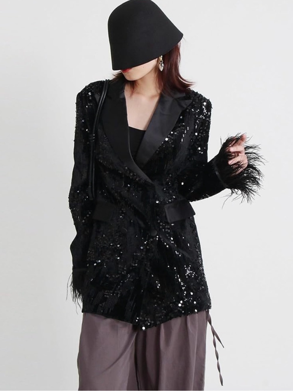 Black Sequin Feather-Cuff Blazer Jacket - Women
